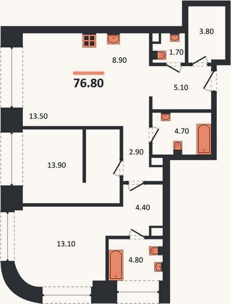 Планировка: 2-к, 76,8 м²