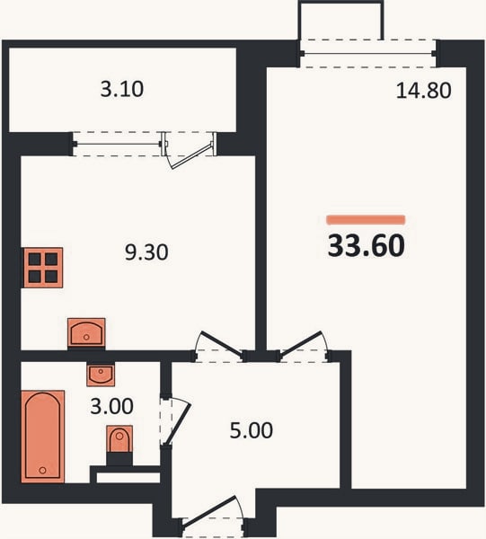 Планировка: 1-к, 33,6 м²