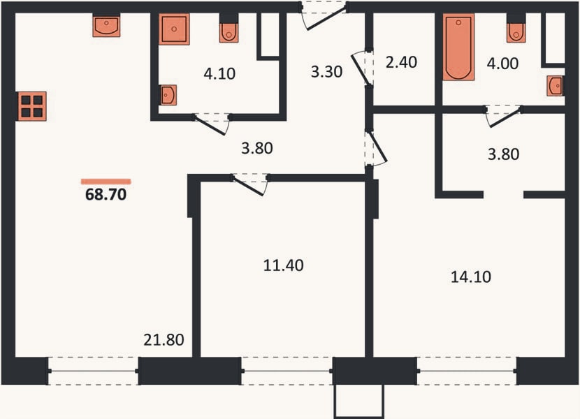 Планировка: 2-к, 68,7 м²