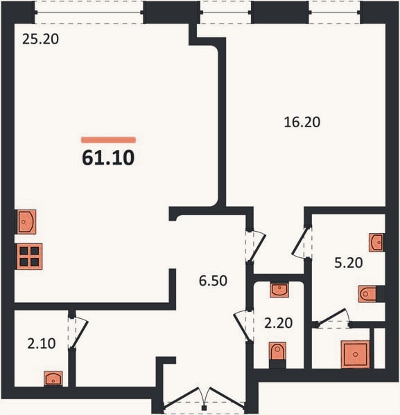 Планировка: 1-к, 61,7 м²