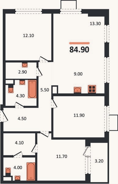 Планировка: 3-к, 84,9 м²