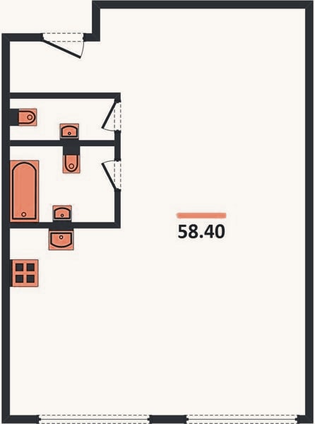 Планировка: 1-к, 58,4 м²