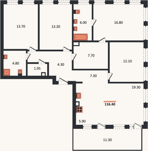 Планировка: 4+ к, 116,4 м²