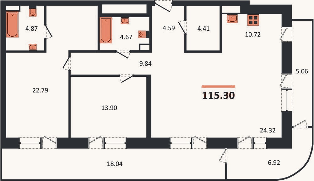 Планировка: 2-к, 115,3 м²