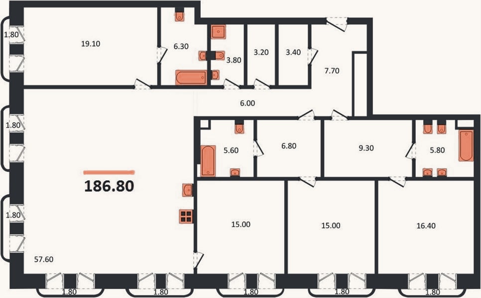 Планировка: 4+ к, 186,8 м²