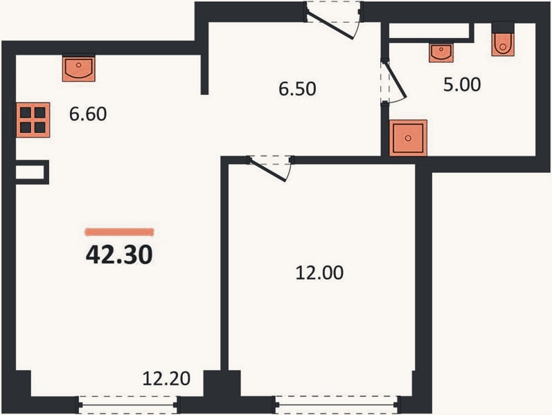 Планировка: 1-к, 42,3 м²