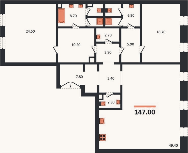 Планировка: 2-к, 147 м²