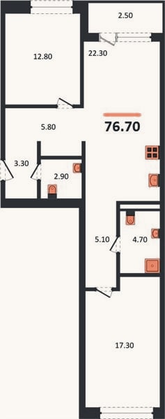 Планировка: 2-к, 76,7 м²