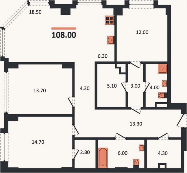 Планировка: 3-к, 108 м²