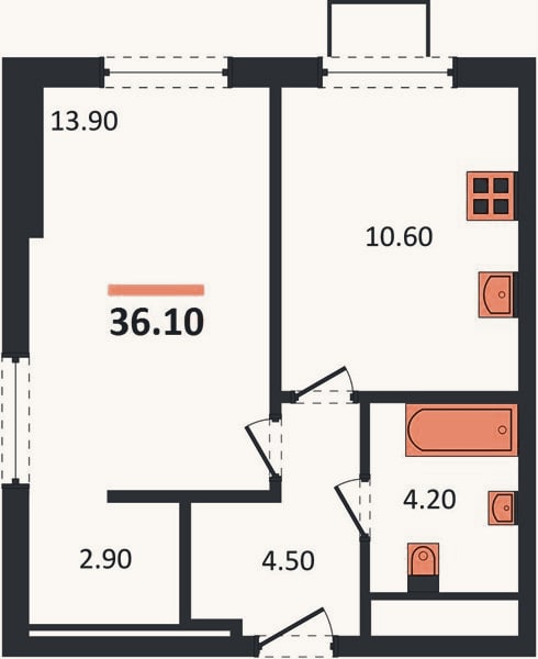 Планировка: 1-к, 36,1 м²