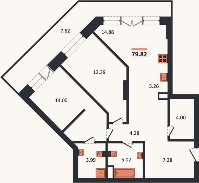 Планировка: 2-к, 79,8 м²