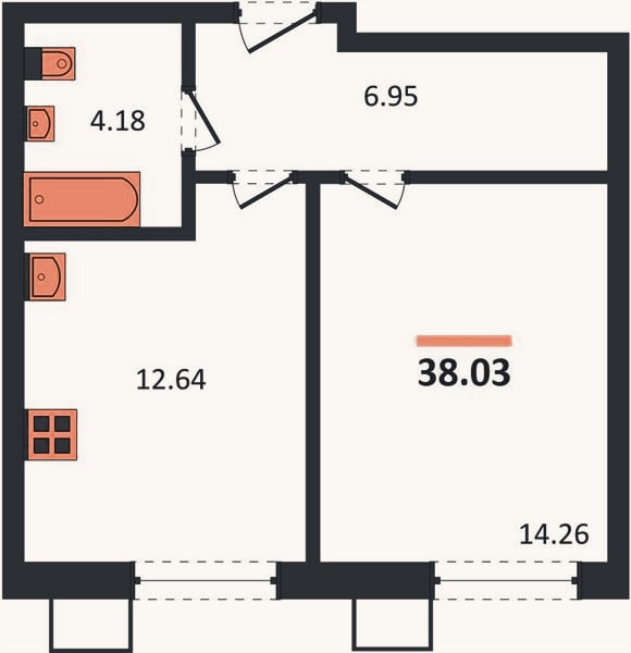 Планировка: 1-к, 38 м²