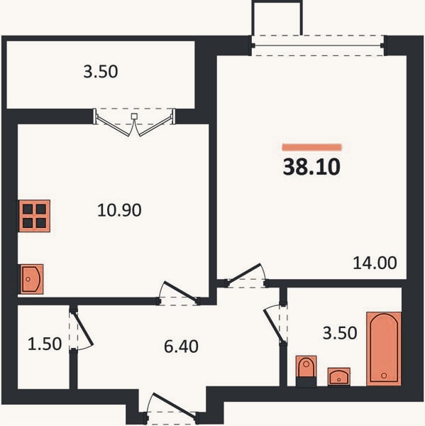 Планировка: 1-к, 38,1 м²