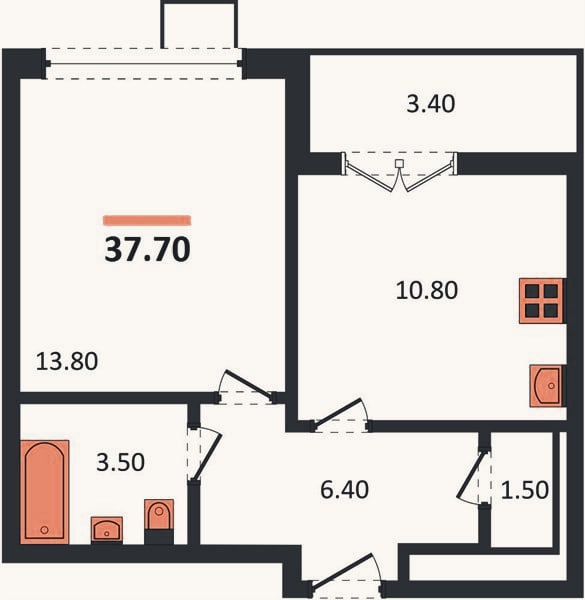 Планировка: 1-к, 37,7 м²