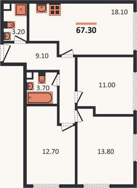 Планировка: 3-к, 67,3 м²