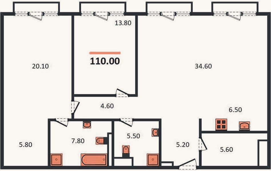 Планировка: 2-к, 110 м²