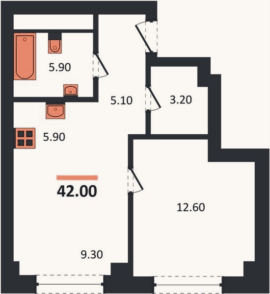 Планировка: 1-к, 42 м²