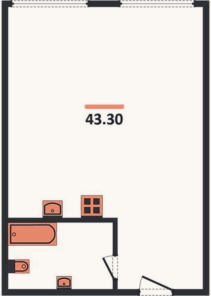 Планировка: 1-к, 43,3 м²
