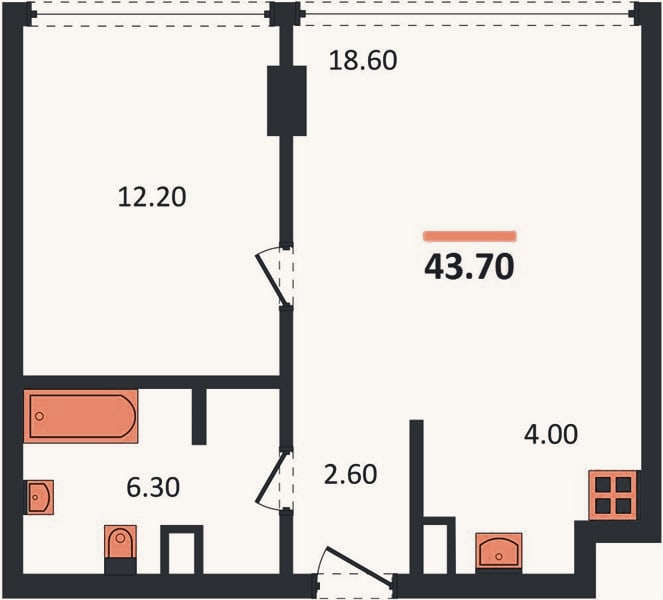 Планировка: 1-к, 43,7 м²