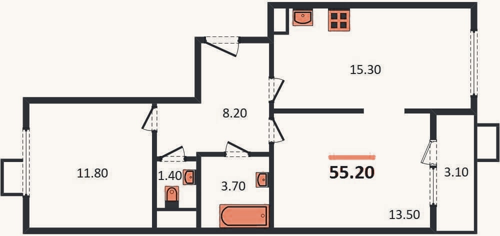Планировка: 2-к, 55,2 м²
