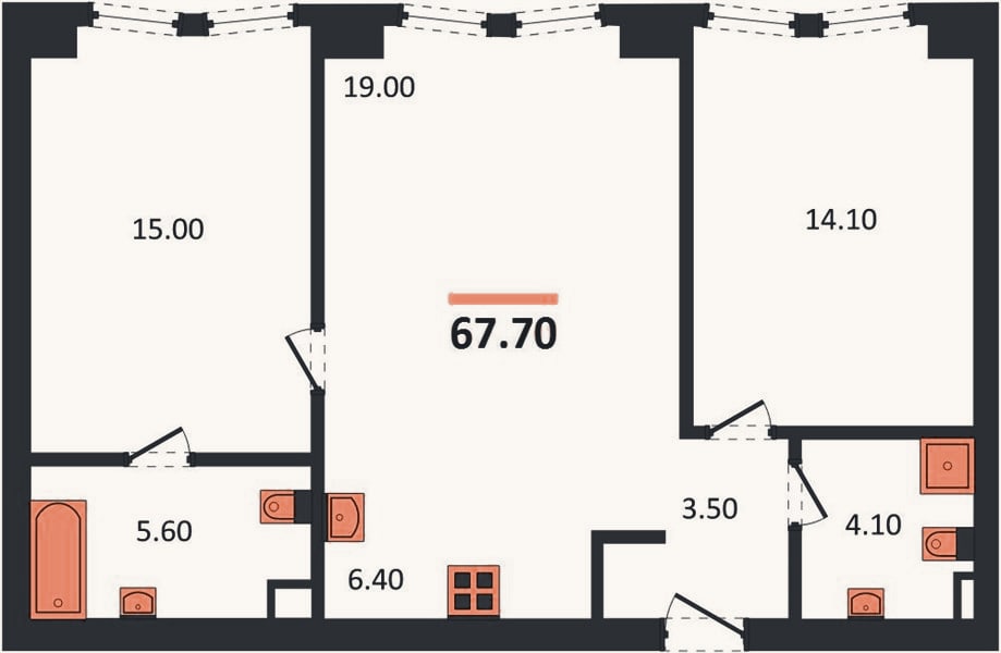 Планировка: 2-к, 67,7 м²