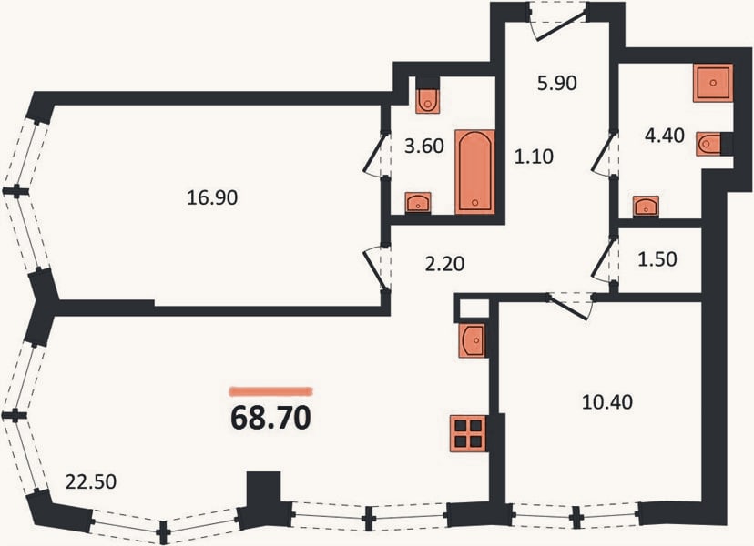 Планировка: 2-к, 68,7 м²