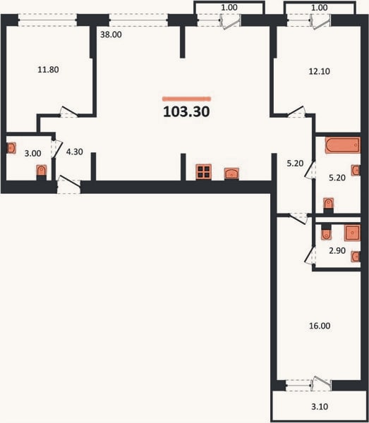 Планировка: 3-к, 103,3 м²