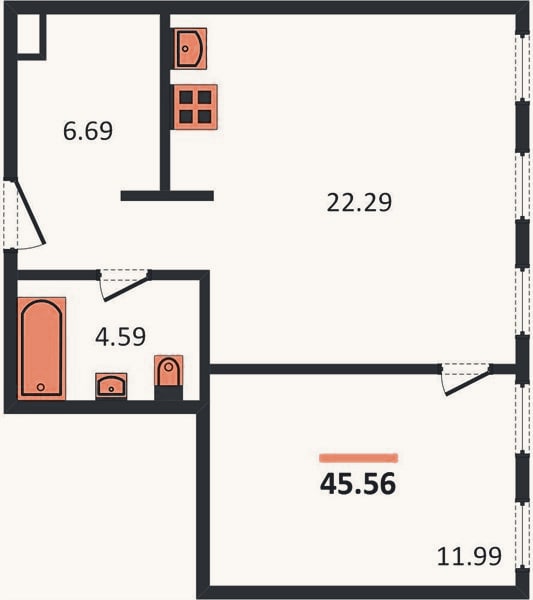 Планировка: 1-к, 45,6 м²