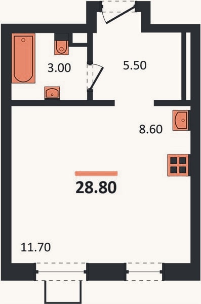 Планировка: Студия, 28,8 м²