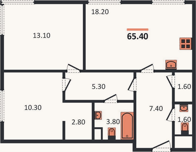 Планировка: 2-к, 65,4 м²