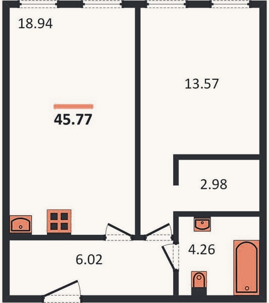 Планировка: 1-к, 45,8 м²