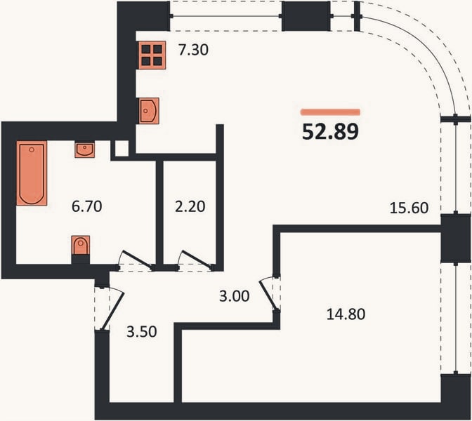 Планировка: 1-к, 52,9 м²