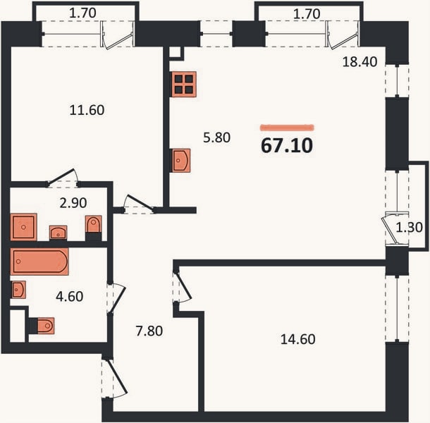 Планировка: 2-к, 67,1 м²
