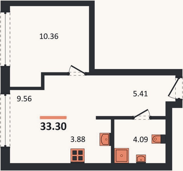 Планировка: Студия, 33,3 м²