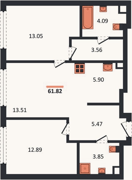 Планировка: 2-к, 61,8 м²