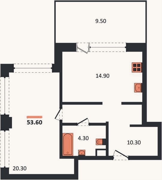 Планировка: 1-к, 53,6 м²