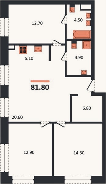 Планировка: 3-к, 81,8 м²