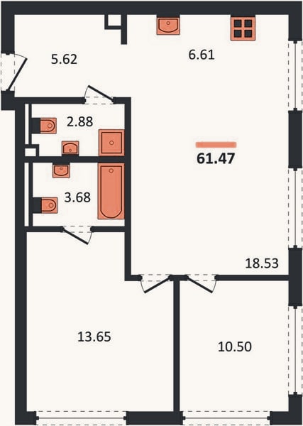 Планировка: 2-к, 61,5 м²