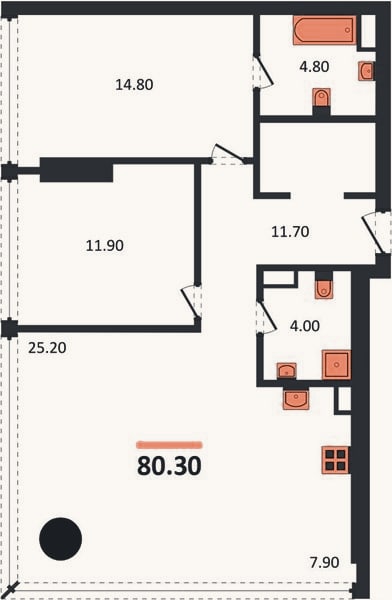 Планировка: 2-к, 80,3 м²