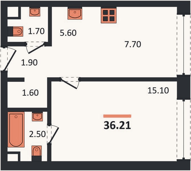 Планировка: 1-к, 36,2 м²