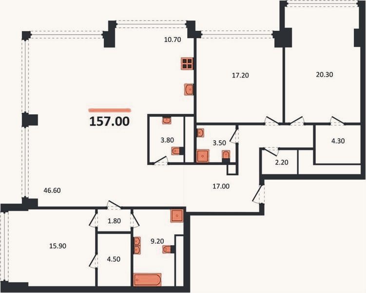 Планировка: 3-к, 157 м²