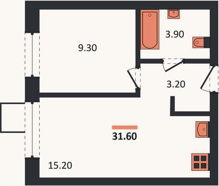 Планировка: 1-к, 31,6 м²