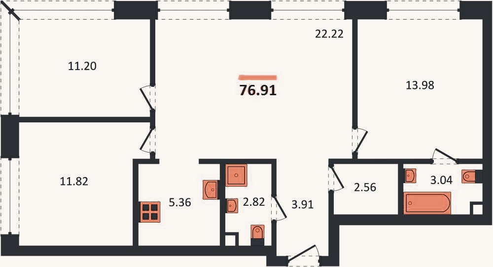 Планировка: 3-к, 76,9 м²