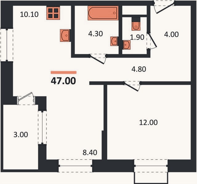 Планировка: 1-к, 47 м²