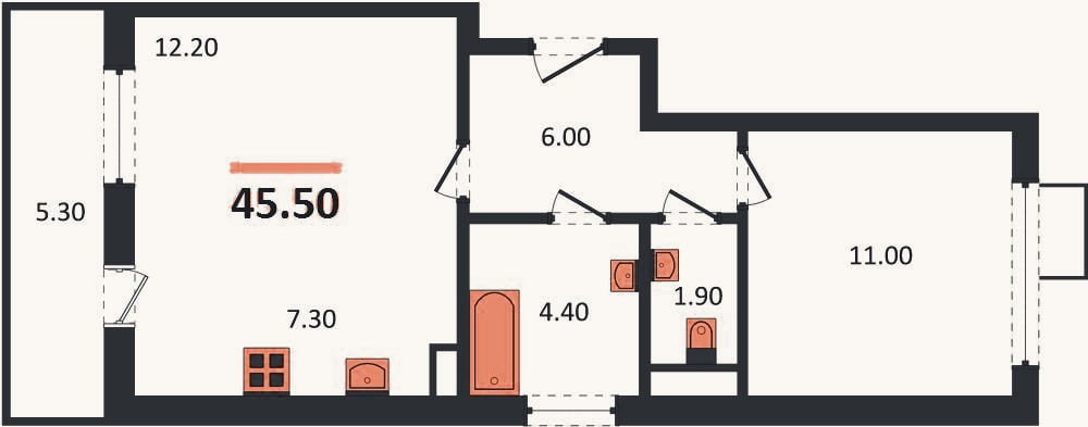 Планировка: 1-к, 45,5 м²