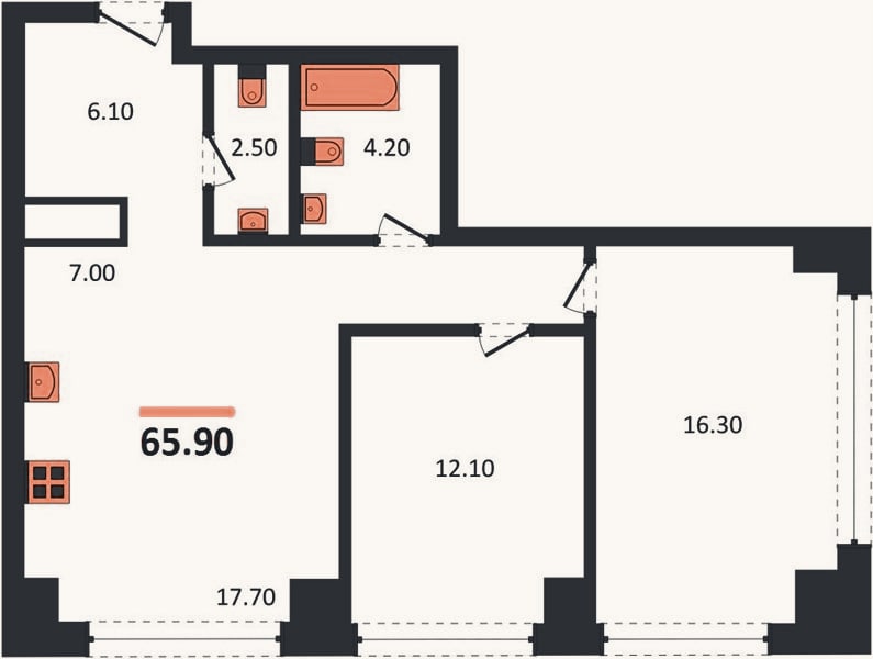 Планировка: 2-к, 65,9 м²