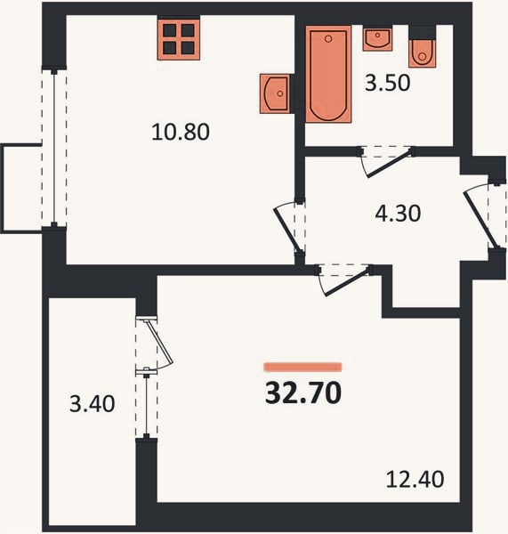 Планировка: 1-к, 32,7 м²