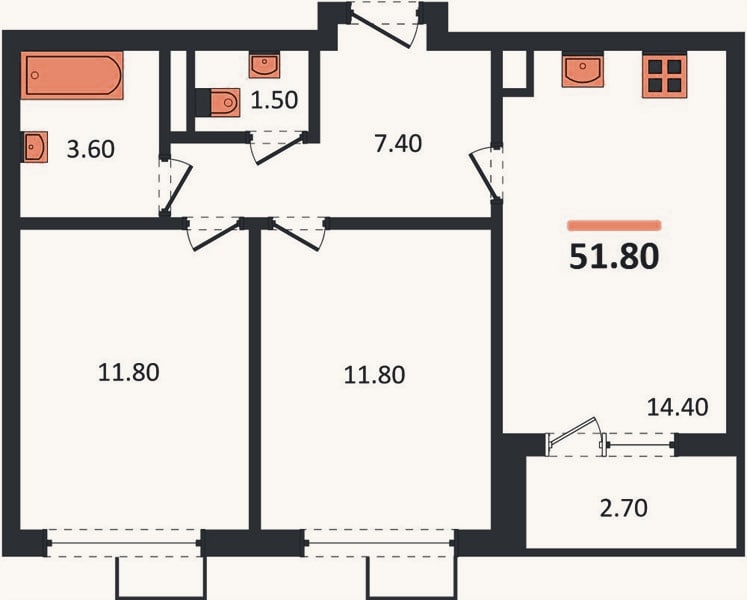 Планировка: 2-к, 51,8 м²