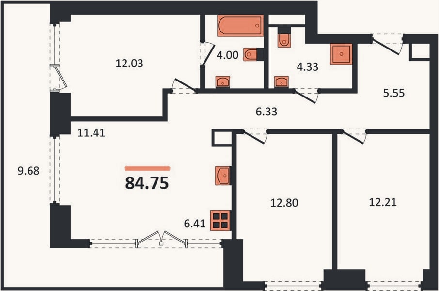 Планировка: 3-к, 84,8 м²