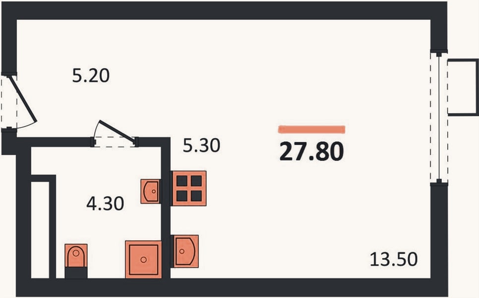 Планировка: Студия, 27,8 м²